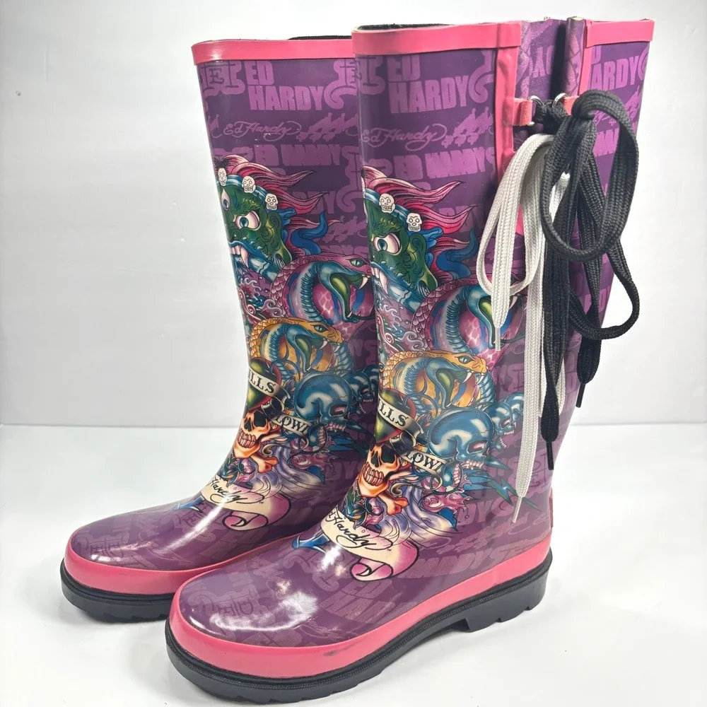 VTG Y2K Ed Hardy Women 6 Rain Boots Purple Pink Tattoo Print Love Kills slowly